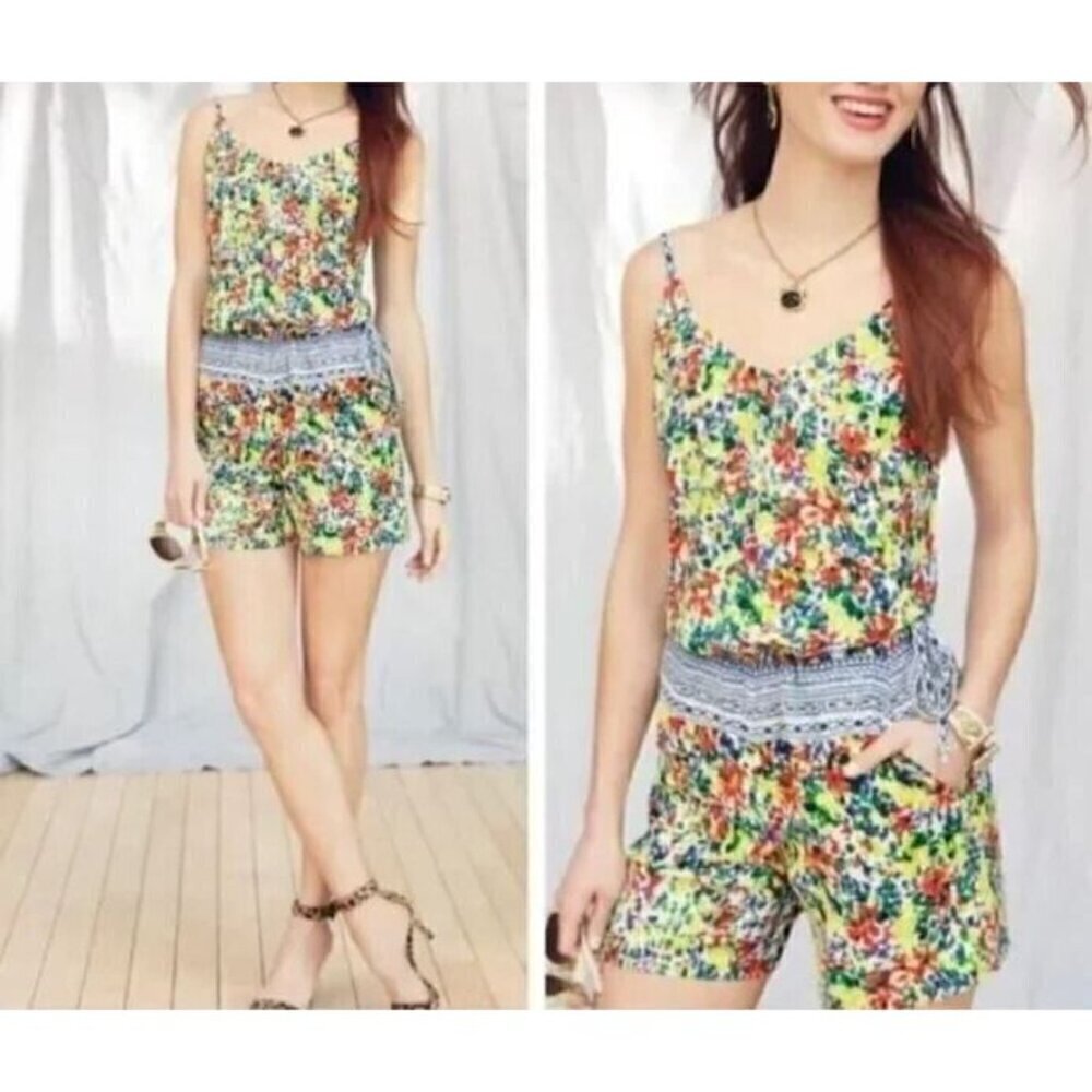 Cabi Romper Womens Medium Devon Floral Fiesta Strappy Pockets Drawstring Waist